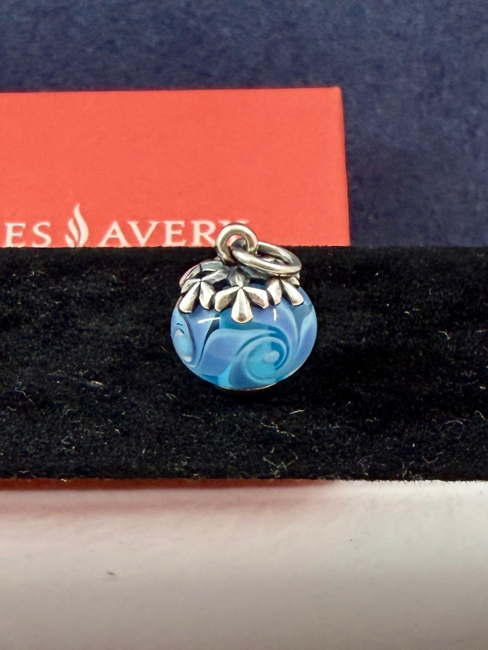 JAMES AVERY Sterling Silver Snowflake Blue Swirl Glass Finial Charm; RETIRED